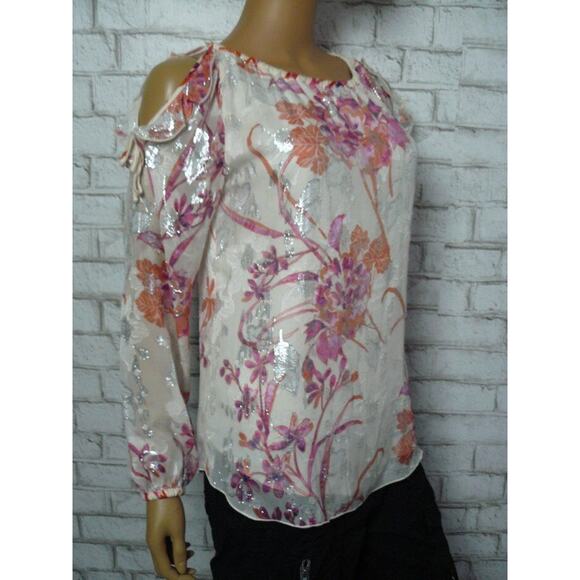 Hale Bob Pink Cream Floral Lurex Cold Shoulder Ruffle Blouse Small NEW - Picture 2 of 8